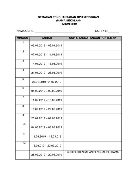 Rancangan pengajaran harian sejarahmata pelajaran sejarah. Semakan Penghantaran Rph Mingguan Tahun 2019