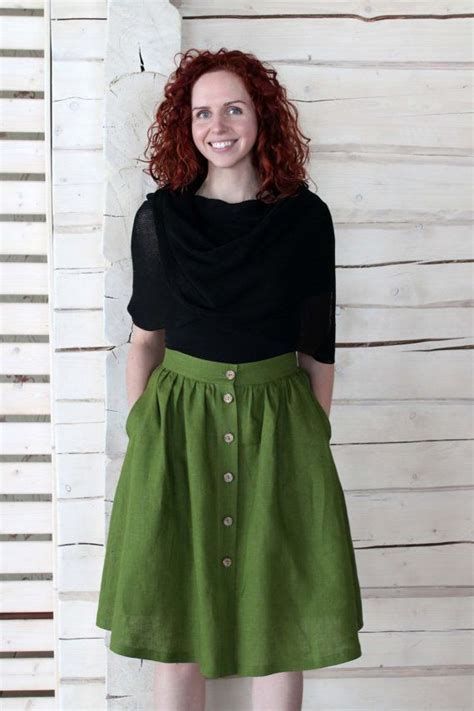 Buttoned Linen Skirt With Pockets Open Front Gathered Waist Etsy