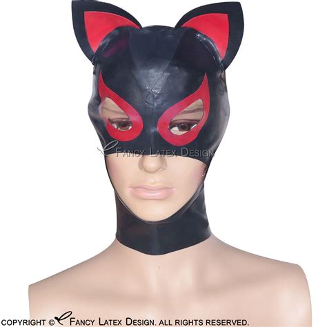 2019 black with red sexy latex hoods with ears zip on back at back open eyes mouth fetish rubber