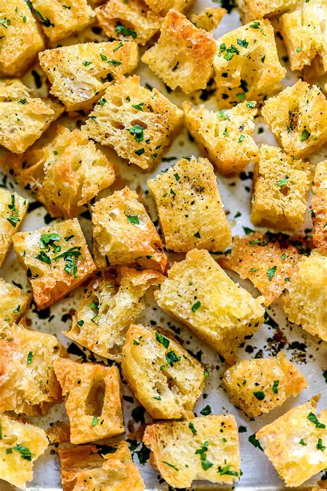 Homemade croutons can either be baked in the oven or toasted in a skillet on the stove; How to Make Homemade Croutons | foodiecrush .com
