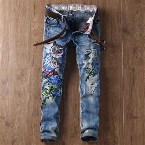 2017 New Designer Embroidery Ripped Jeans Men Distressed Light Blue Denim With Holes Famous
