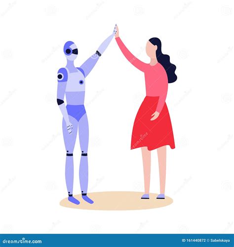 Robot Android And Woman Friendly Greeting Flat Vector Illustration