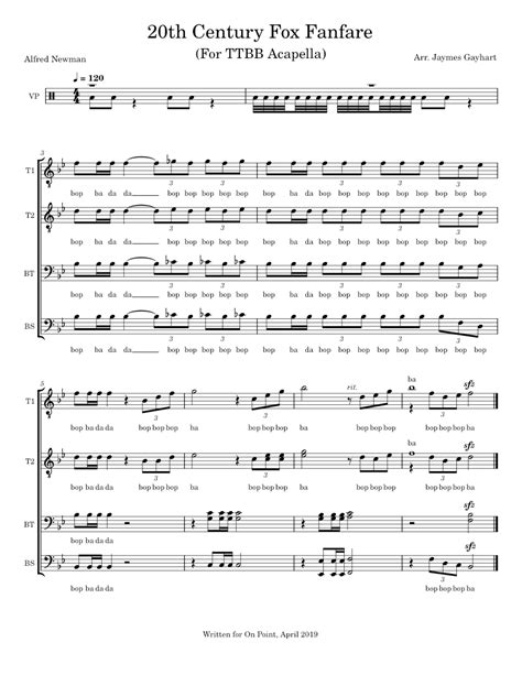 20th Century Fox Fanfare Ttbb A Capella Sheet Music For Piano