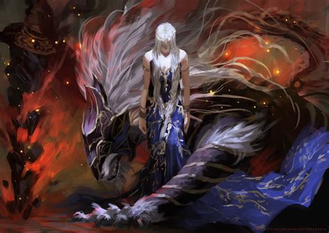 A Woman With White Hair Standing Next To A Dragon In Front Of A Red And