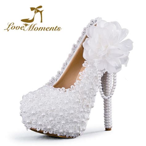 Love Moments Shoes Woman White Flower Lace Platform High Heels Pearls