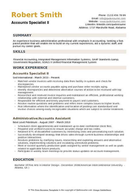 This is a real resume for a accounts receivable specialist in omaha, nebraska with experience working for such companies as shredit usa, alorica, mamas pizza. Accounts Specialist Resume Samples | QwikResume
