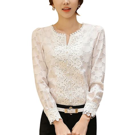 Elegant Floral White Lace Shirt Women O Neck Long Sleeve Hollow Out