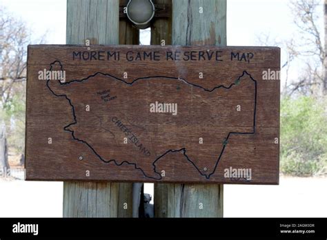Old Wooden Map Sign For Moremi Game Reserve Botswana Africa Stock Photo