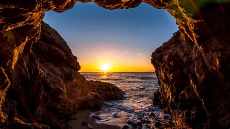 Download Horizon Sunset Sea Ocean Beach Nature Cave 4k Ultra Hd Wallpaper