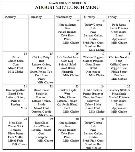 August Lunch Menu Lewis County Schools The Lewis County Herald
