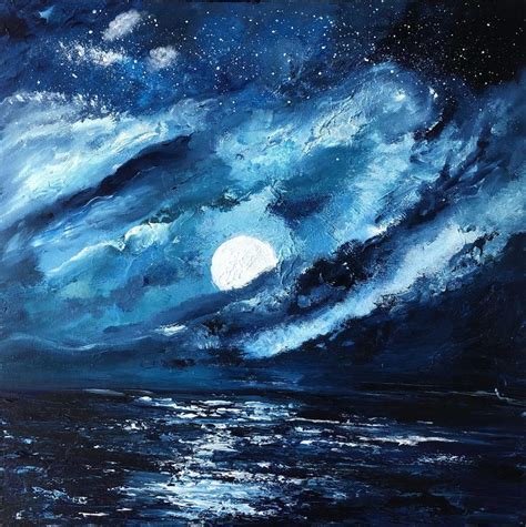 Nighttime Ocean And Moon Original Painting Ocean Art Painting Ocean