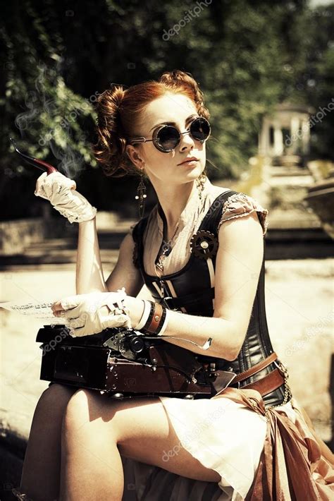 Beautiful Steampunk Woman Smoking — Stock Photo