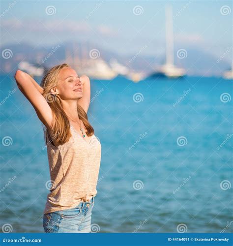 Beautiful Girl Enjoying The Sun On Beach Stock Image Image Of Holiday Slim 44164091