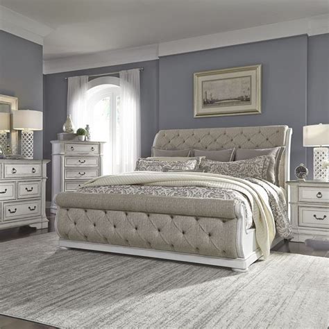 Abbey Park Distressed White Bedroom Set With Tufted Chenille