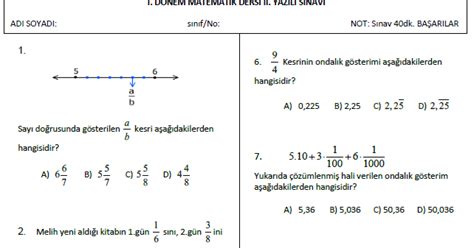 Sinif Matemat K D Nem Yazili Sinavi Test Matematik