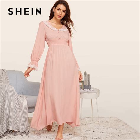 Shein Lady Pink Shirred Panel Lace Trim Bell Sleeve Nightgown Spring