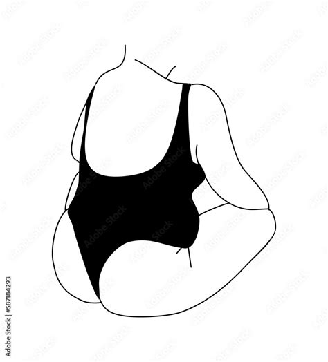 Line Art Illustration Of Curvy Woman In Underwear Sitting Plus Size Girl In Bikini Body