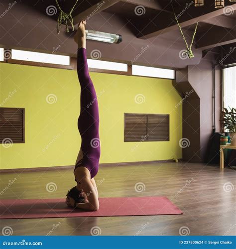 Woman Practicing Yoga Performs Shirshasana Exercise Inverted Asana