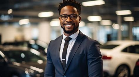 Premium Photo Black Car Salesman Smiling In Front Of Luxury Cars In