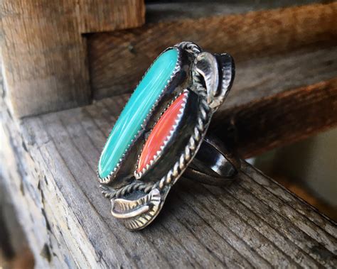 Coral Turquoise Ring Size For Women Native America Indian Jewelry