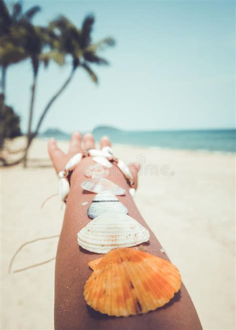 Eashell On Tanned Girl Arm At Tropical Beach In Summer Stock Image