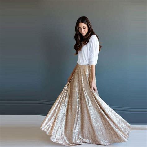 Elegant Dazzling Sequins Lace Long Skirts For Women A Line Floor Length