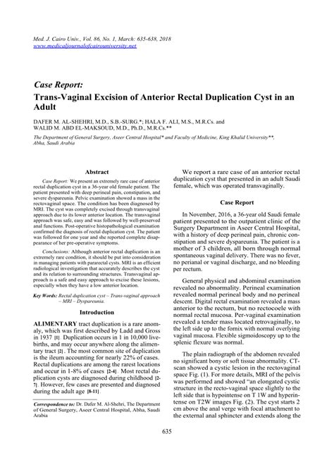 Pdf Trans Vaginal Excision Of Anterior Rectal Duplication Cyst In An Adult