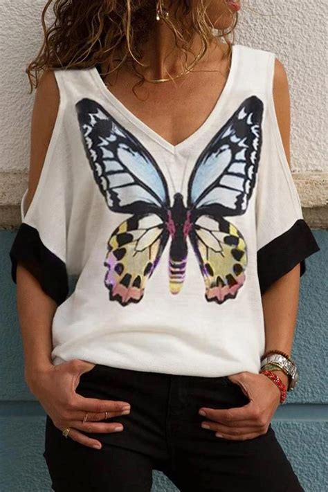 Cold Shoulder Paneled Butterfly Print Casual T Shirt Immorgo Fall