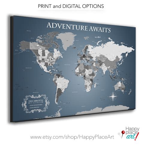 Neutral Office Wall Art Executive Style World Map Personalize Push