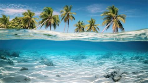 Premium Ai Image Serene Beach Views With Tropical Oasis Palm Trees And Clear Underwater Sea