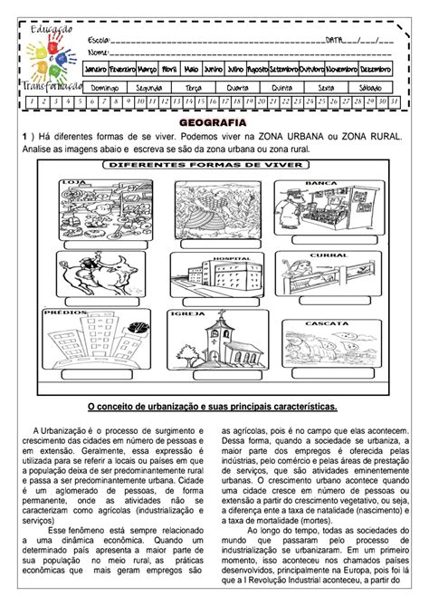 Atividade Zona Rural E Urbana Educação Infantil
