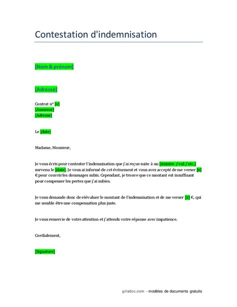 Contestation De L Indemnisation De L Assurance DOC PDF Page 1 Sur 1