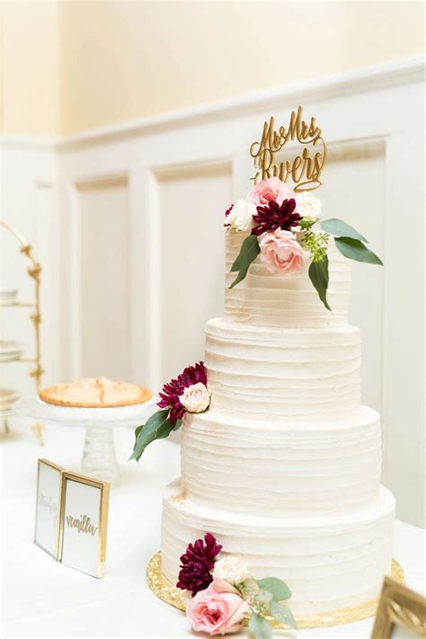 Four Tier White Wedding Cake Maroon And Light Pink