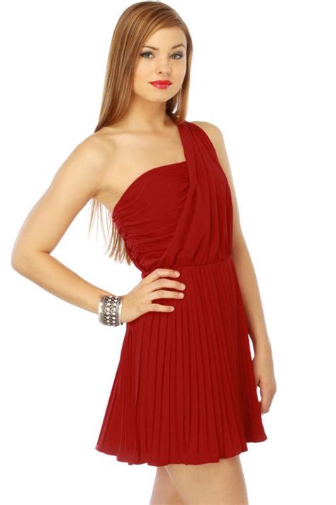 Beautiful Red Dress One Shoulder Dress Pleated Dress 5500