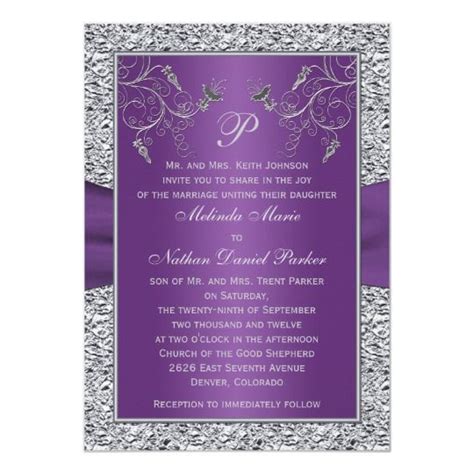 Printed Ribbon Purple Silver Wedding Invitation Silver