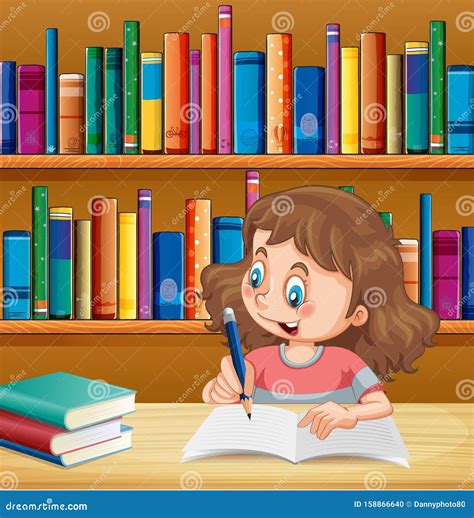 Cute Girl Writing In Notebook In Library Stock Vector Illustration Of