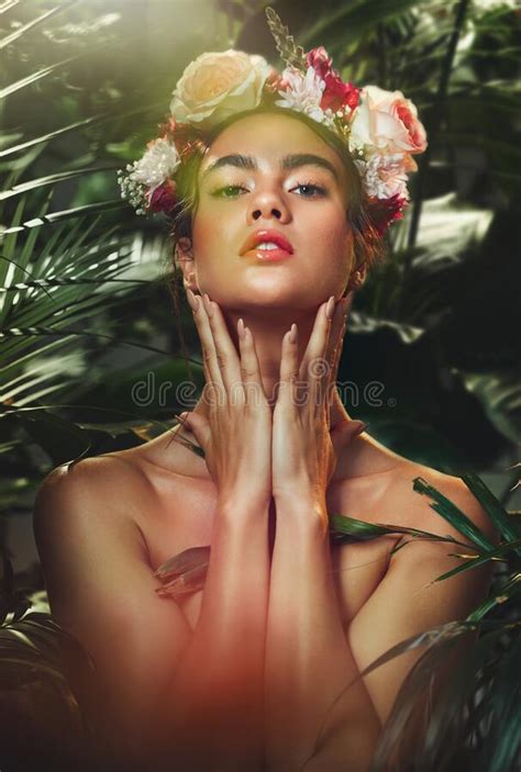 Woman Nature And Beauty With Leaves Plants And Trees With Organic Makeup Model Natural