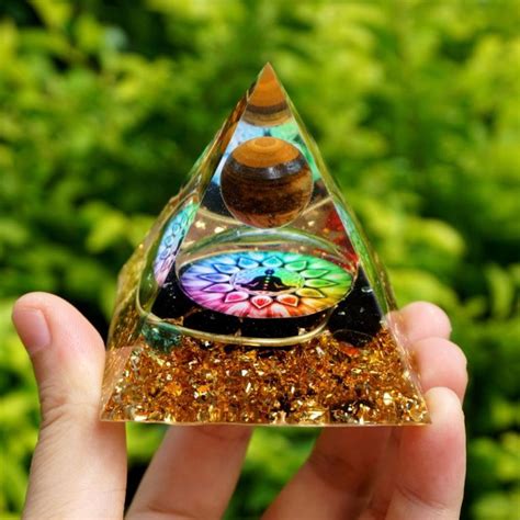 Gorgeous Tiger Eye Crystal Sphere Orgone Pyramid With Obsidian Orgone