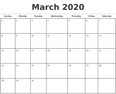 March 2020 Monthly Calendar Template