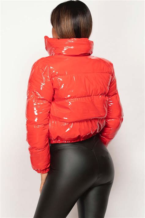 Womens Red Shiny Vinyl Puffer Jacket Cropped Uk