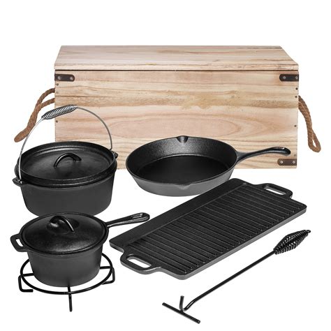 Bruntmor Pre Seasoned 7 Piece Heavy Duty Cast Iron Dutch Oven Camping