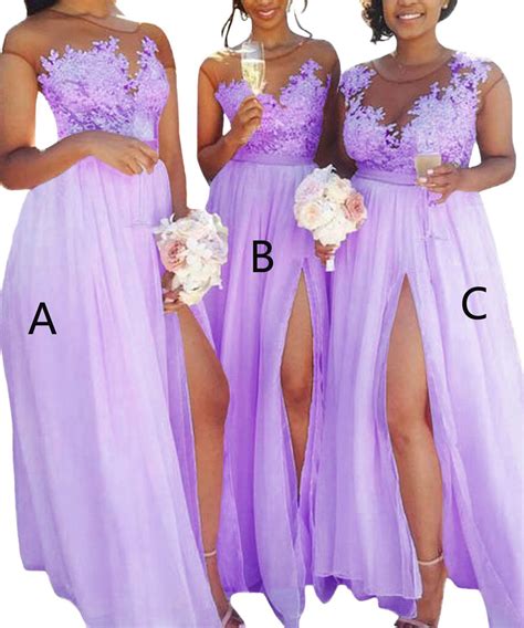 Womens Lilac Lace Bridesmaid Dresses Illusion Neck A Line Chiffon