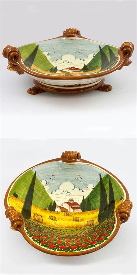 Ceramic Serving Bowl With Handles Decorated With The Tuscan Landscape