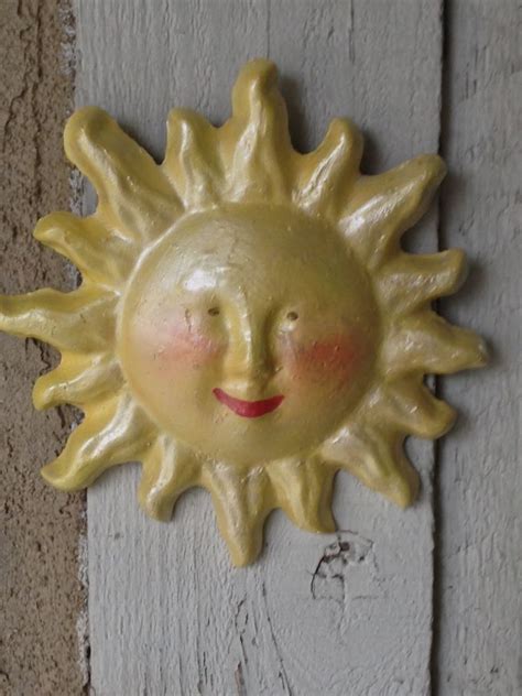 Handcrafted Yellow Round Cement Sun Plaque Wall Sculpture Patio Garden