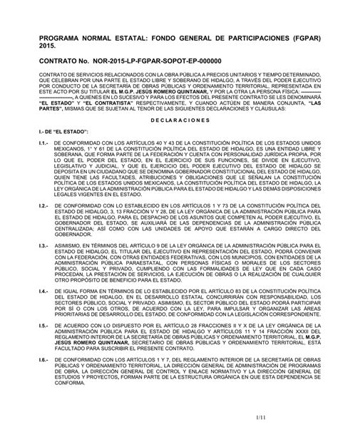 Modelo De Contrato Secretaría De Obras Públicas Y Ordenamiento