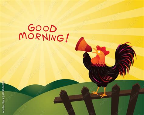 Rooster Crowing And Announcing With Megaphone Good Morning Fence