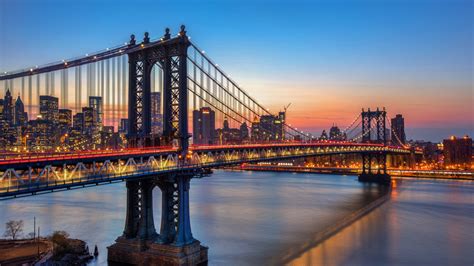 Download 1600x900 Wallpaper Manhattan Bridge Suspension Bridge Sunset