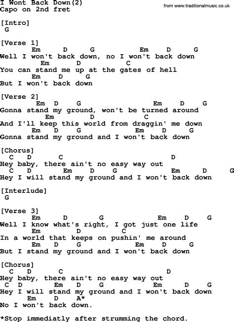 Johnny Cash Song I Wont Back Down 2 Lyrics And Chords Lyrics And Chords Guitar Chords