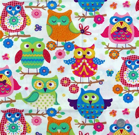 Fabric Childrens Novelty Fabric Owl Theme On Light