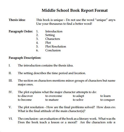 Sample Book Report Format Middle School Middle School Book Report